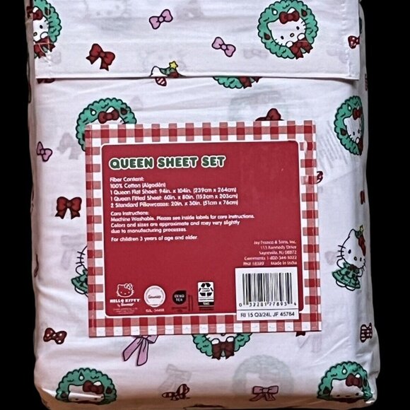 Hello Kitty Queen Size Christmas Wreath Ribbons Bows Cotton Sheet Set ALL COTTON - Picture 2 of 3